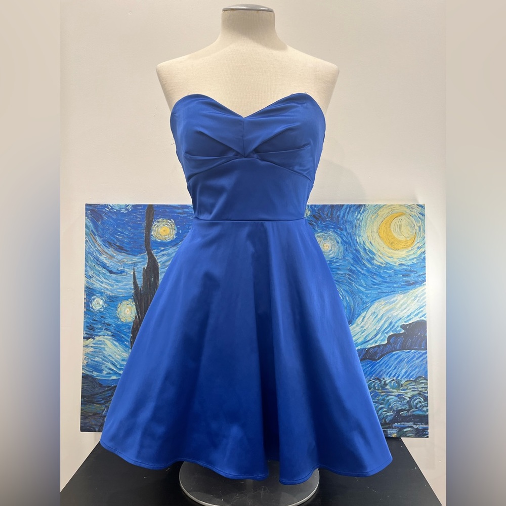 Satin strapless electric blue party dress